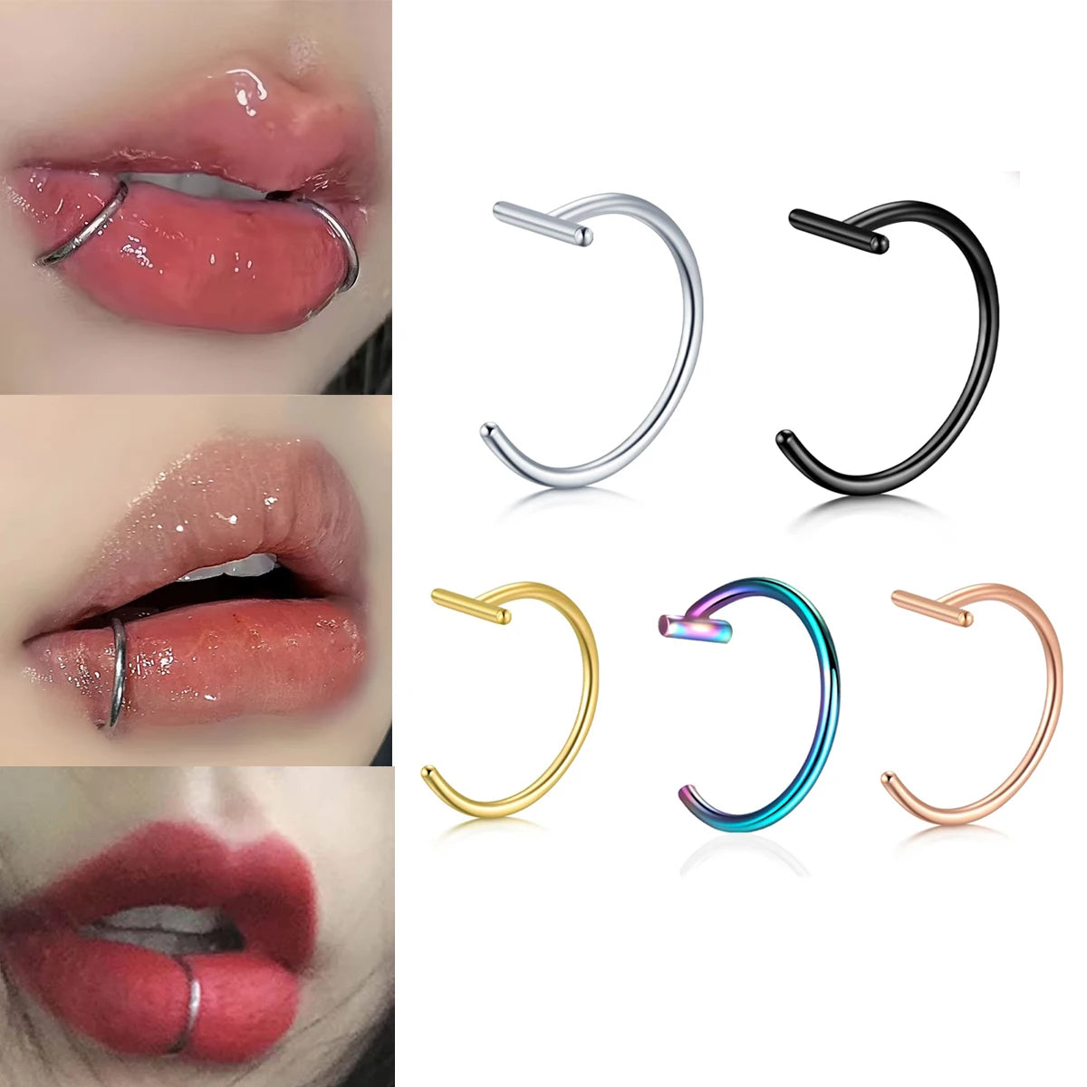 18G Clip-On Fake Lip Ring Stainless Steel Hypoallergenic Punk Non Piercing Lip Hoop 18K Gold Plated Cartilage Conch Cuff Earring