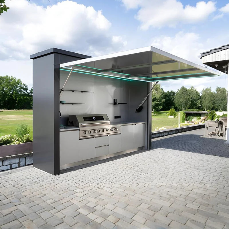 Customized outdoor kitchen in black appearance, affordable cost and stainless steel canopy included