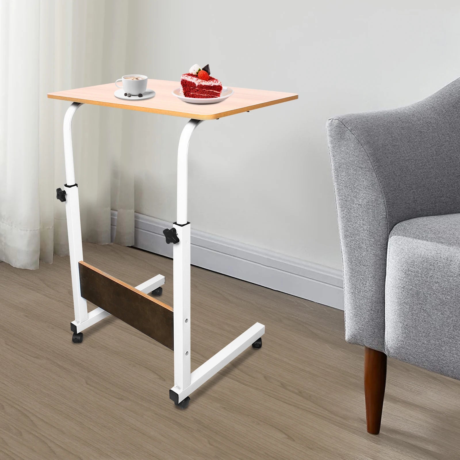 Mobile Laptop Desk 60*40cm Mdf Adjustable Bedside Desk Height Rolling Computer Table with Lockable Wheel for Home Bedroom Dormitory