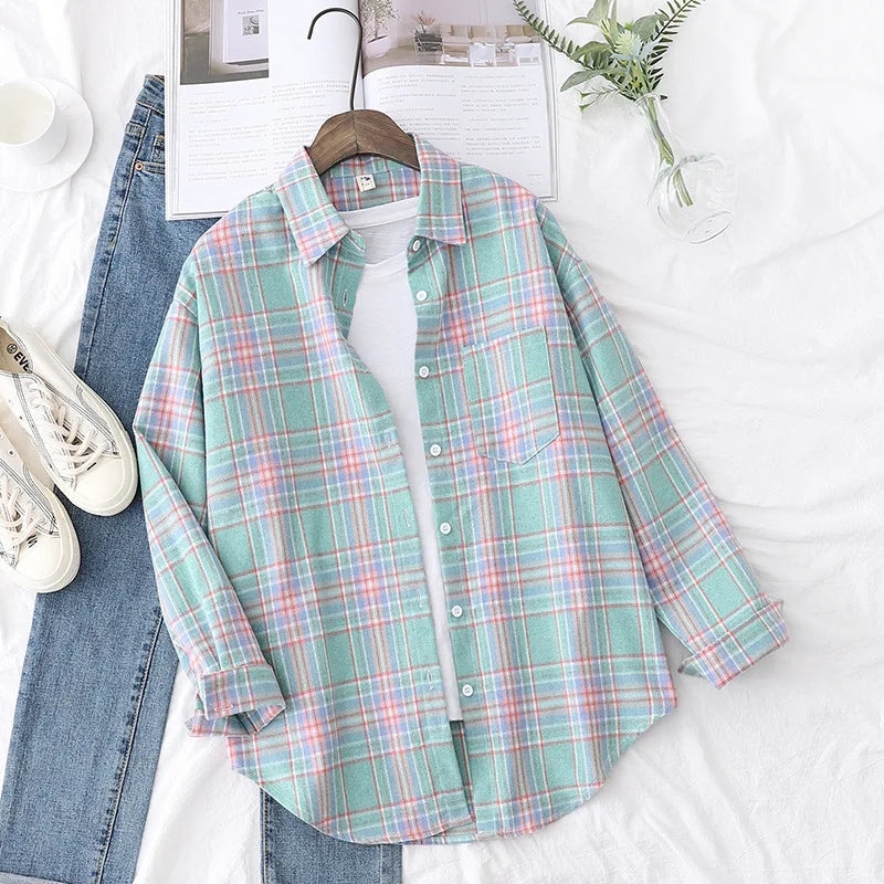 Casual Women's Plaid Shirt 2025 Spring Autumn New Ladies Loose Blouse and Tops Female Long Sleeve Shirts Fresh Checked Clothes