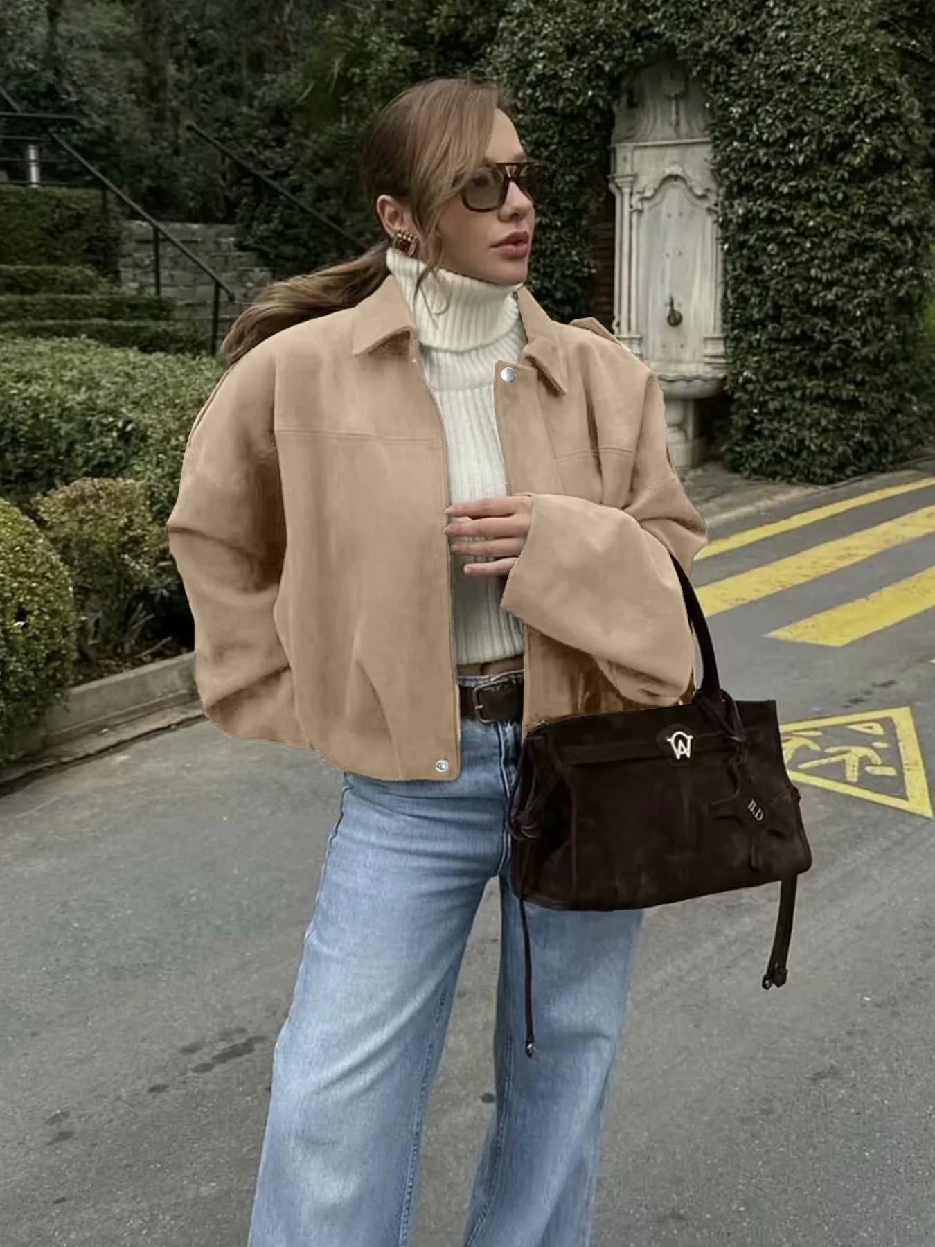 2026 Women's Fashion Loose Drop Shoulder Zip-Up Cargo Jacket Casual Top