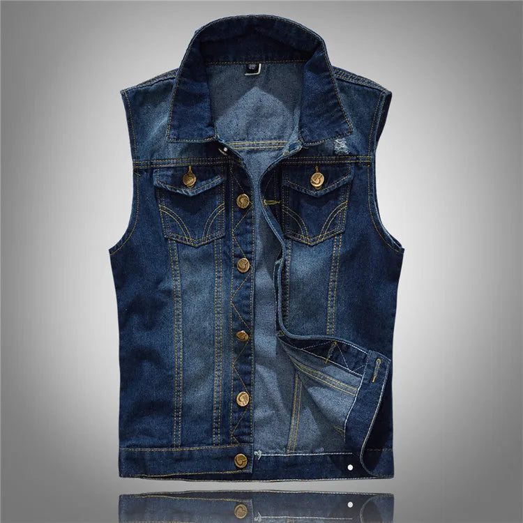 Men Denim Vests Jackets Waistcoats Light Blue Ripped Denim Coats Vests New Fashion Male Cotton Slim Black Jeans Waistcoats 6XL