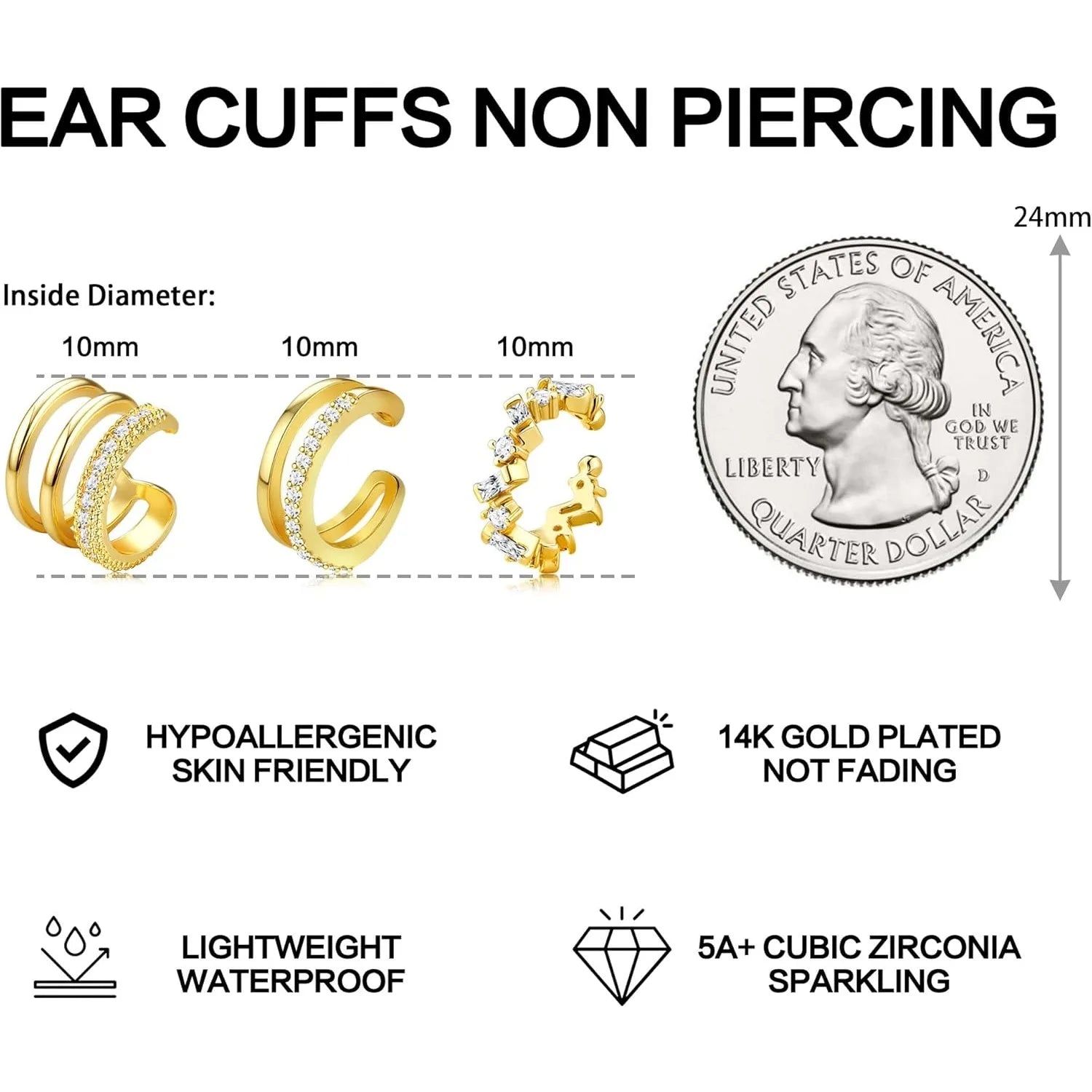 Bobisty 3PCS Ear Cuff Non-Piercing Earrings for Women Cute Clip-On Cartilage Earring 14K Gold Plated Dainty Fake Piercing Earing