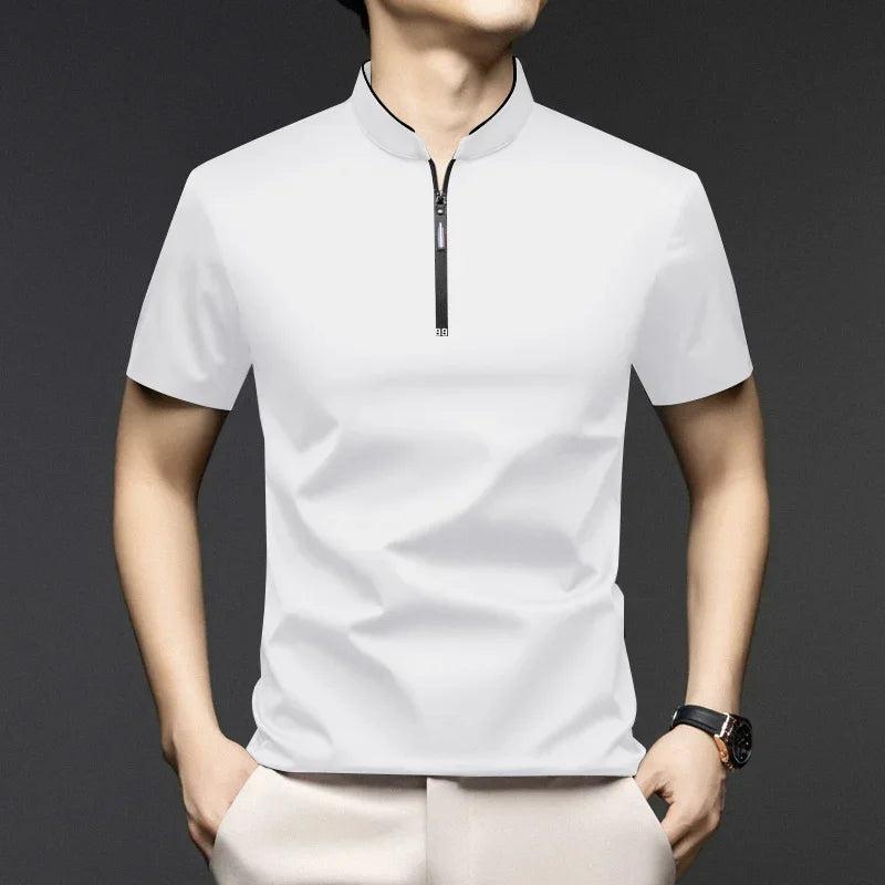 2025 New Men's Casual Fashion Zipper Solid Color Short Sleeved Polo Shirt Stand Up Collar Versatile Comfortable Top