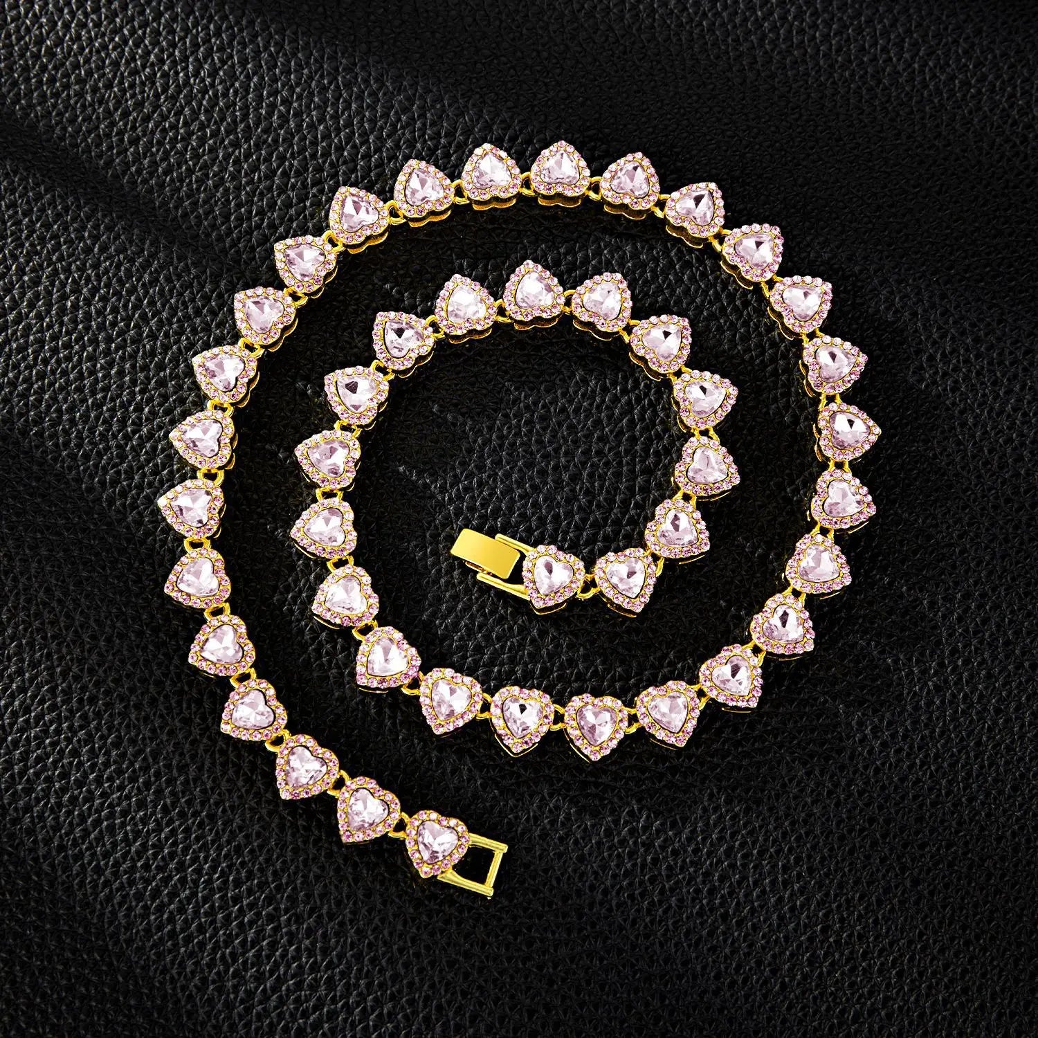 Yupsk 45CM/20CM Shiny Heart Rhinestone Hip Hop Rock Tennis Chain Bracelet Necklace for Women Men Trendy Jewelry Set Gift