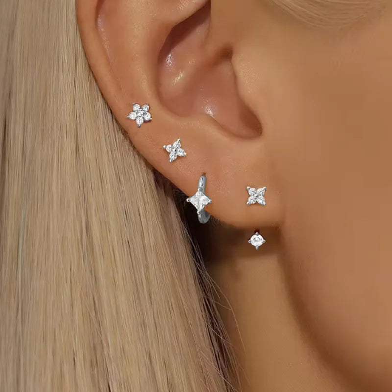 4PCS Zircon Heart Moon Flower Small Hoop Earrings Set For Women Stainless Steel Huggies Pendant Piercing Earrings Jewelry Aretes