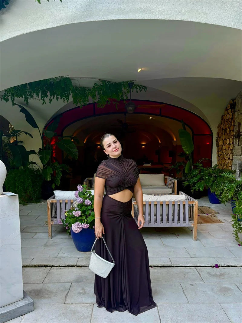 Mozision Hollow Out Short Sleeve Sexy Maxi Dress Women Fashion O Neck Ruched High Waist Bodycon Club Party Long Dress Female