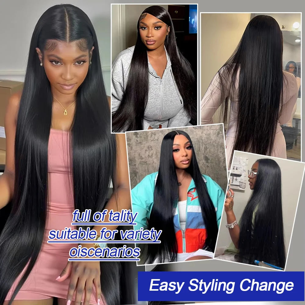 13x4 Bone Straight 250% Density Human Hair Wig 13x6 HD Lace Frontal Wig 40 Inch Natural Black Glueless Lace Front Wig for Women