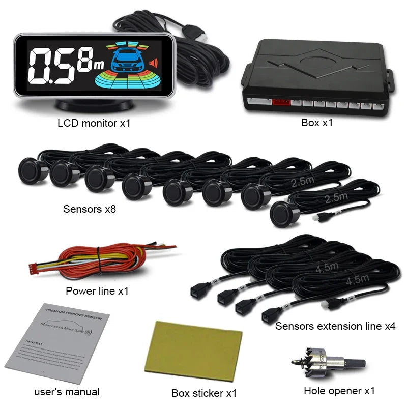8 Parktronic Parking Sensors Kit Reversing Front and Rear Car Backup Radar Detector Backing Assistance Sound Aler AID