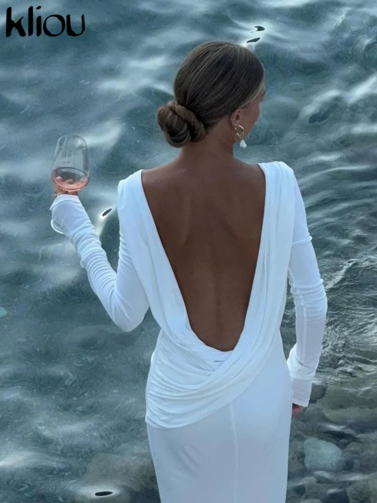 kliou Solid Elegant Women Maxi Dress Simple Fall Classic Trend Full Sleeve Swinging Backless Sheath Vestidos Mujer Evening Robe