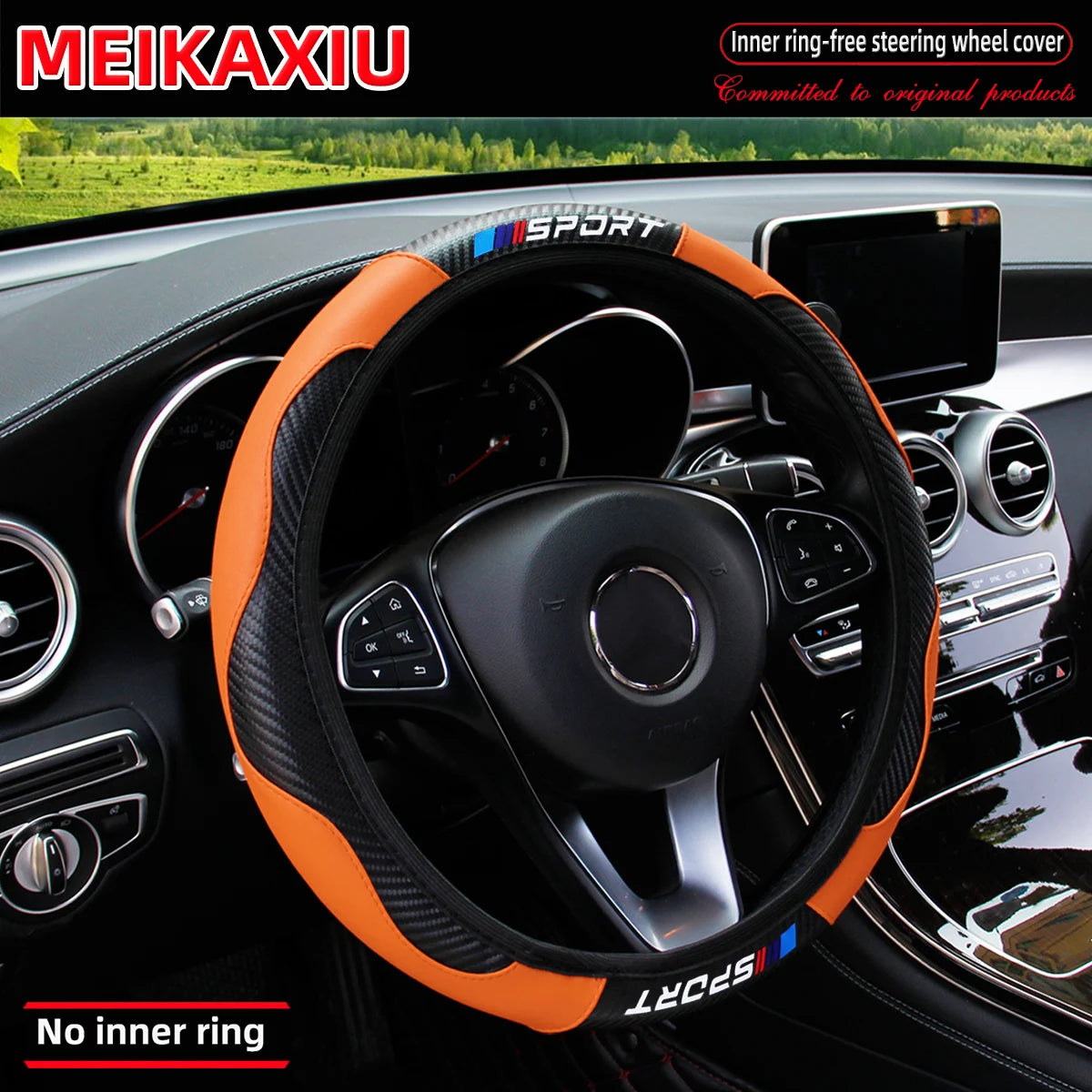 Carbon Fiber Leather Sport Steering Wheel Cover Rimless Universal Fit for 14.5-15 Inch Car Steering Wheels Decorative Accessory