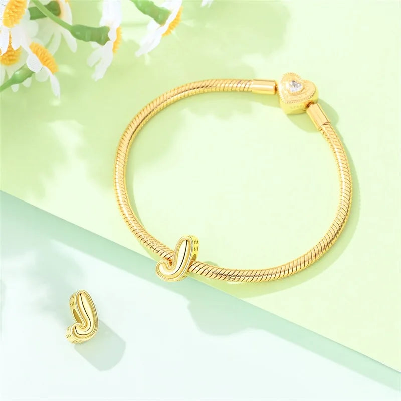 New Hot Sales 925 Sterling Silver 26 Golden Letters Charms Bead Fit Original Bracelet DIY Women Birthday Jewelry Gifts