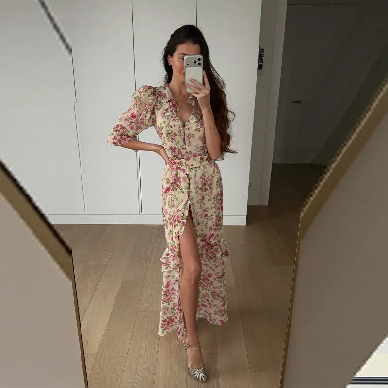 Fashion Organza Floral Printed Maxi Dress V-Neck Puff Sleeve 2026 Spring/Summer Romantic Women Party Gown Elegant Lady Vestido