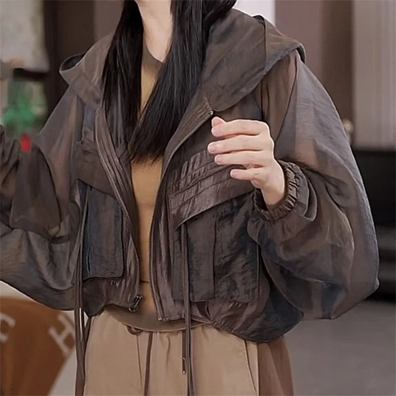 Design Pocket Sunscreen Jacket Women 2025 Summer Fashion Breathable Sun Protection Coat Loose Large Size Hooded Short Jacket