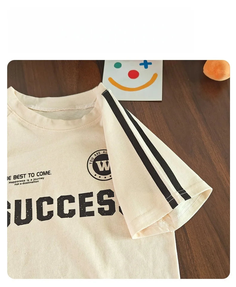 2026 New Summer Sporty Style Children Sets Letter Pattern Tee+Striped Shorts 2Pcs Clothes Short Sleeve Cotton Boys Girls Suit