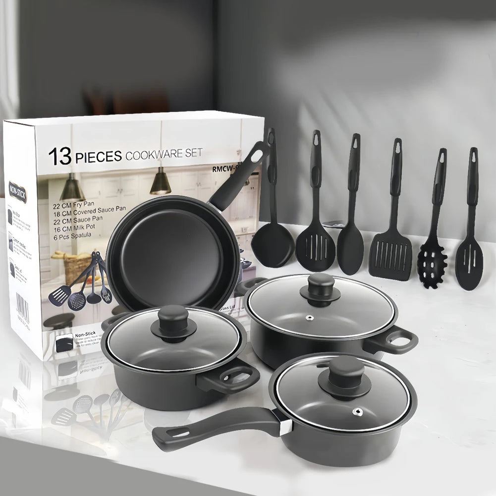 12Pcs Non Stick Cookware Set Cooking Pot with Lid Deep Frying Pan Milk Pot Maifan Stone Frying Pan for All Types of Cooker