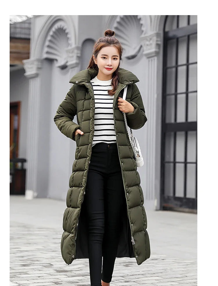 Long Down Cotton Parkas Coat Female New Winter Over Knee Loose Large Fur Collar Hooded Warm Thick Parkas Women  Padded Overcoat