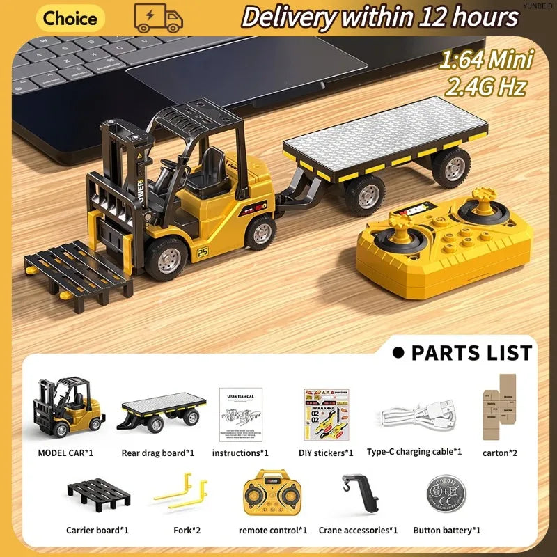 1:64 RC Mini Alloy Car Forklift with Trailer Excavator Desktop Game 2.4G Remote Control Engineering Lift Truck Child's Toy Gifts