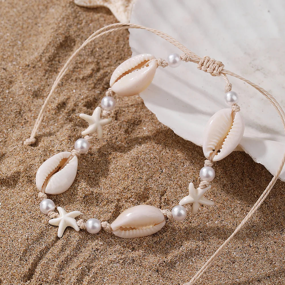 White Turquoise Beaded Chain Starfish Pendant Ankle Summer Bracelet Charm Sandals Barefoot Beach Foot Bridal Jewelry