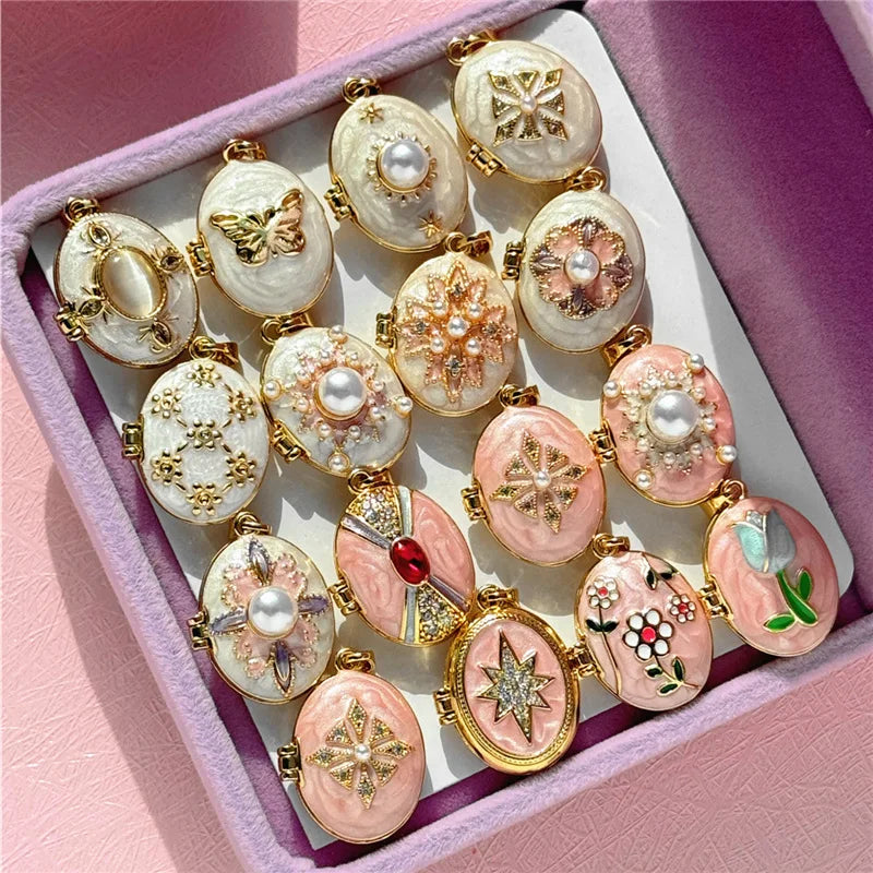 HangZhi Enamel Romantic Pink White Pearl Flower Oval Photo Frame Locket Necklace Vintage Keepsake Jewelry Gift for Women