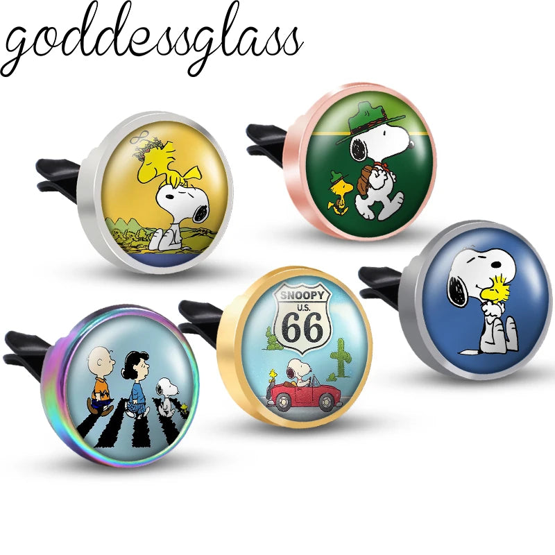 Snoopy on the Road 66 Walking Anime Photo Aromatherapy Car Decoration Clip Perfume Locket Fittings Oil Scent Gift keychain