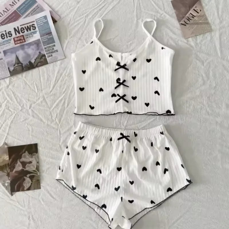 Sexy Sleepwear Women Pajamas Set Heart Print Silk Stain V-Neck Sleeveless Casual Cami Top and Shorts Sets Home Suit Loungewear