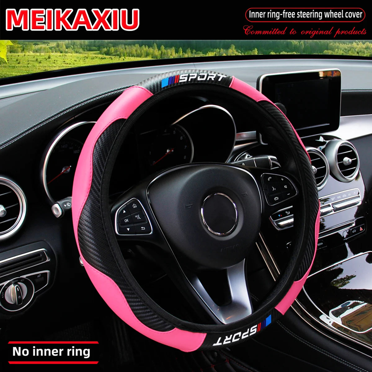 Carbon Fiber Leather Sport Steering Wheel Cover Rimless Universal Fit for 14.5-15 Inch Car Steering Wheels Decorative Accessory