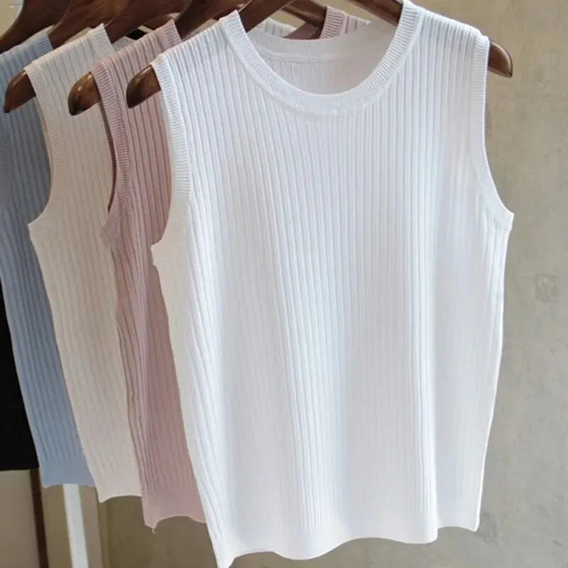 2026 Summer New Fashion Knitted Vests O-neck Sleeveless Casual Thin Tops Sleeveless Blouse Women Shirt