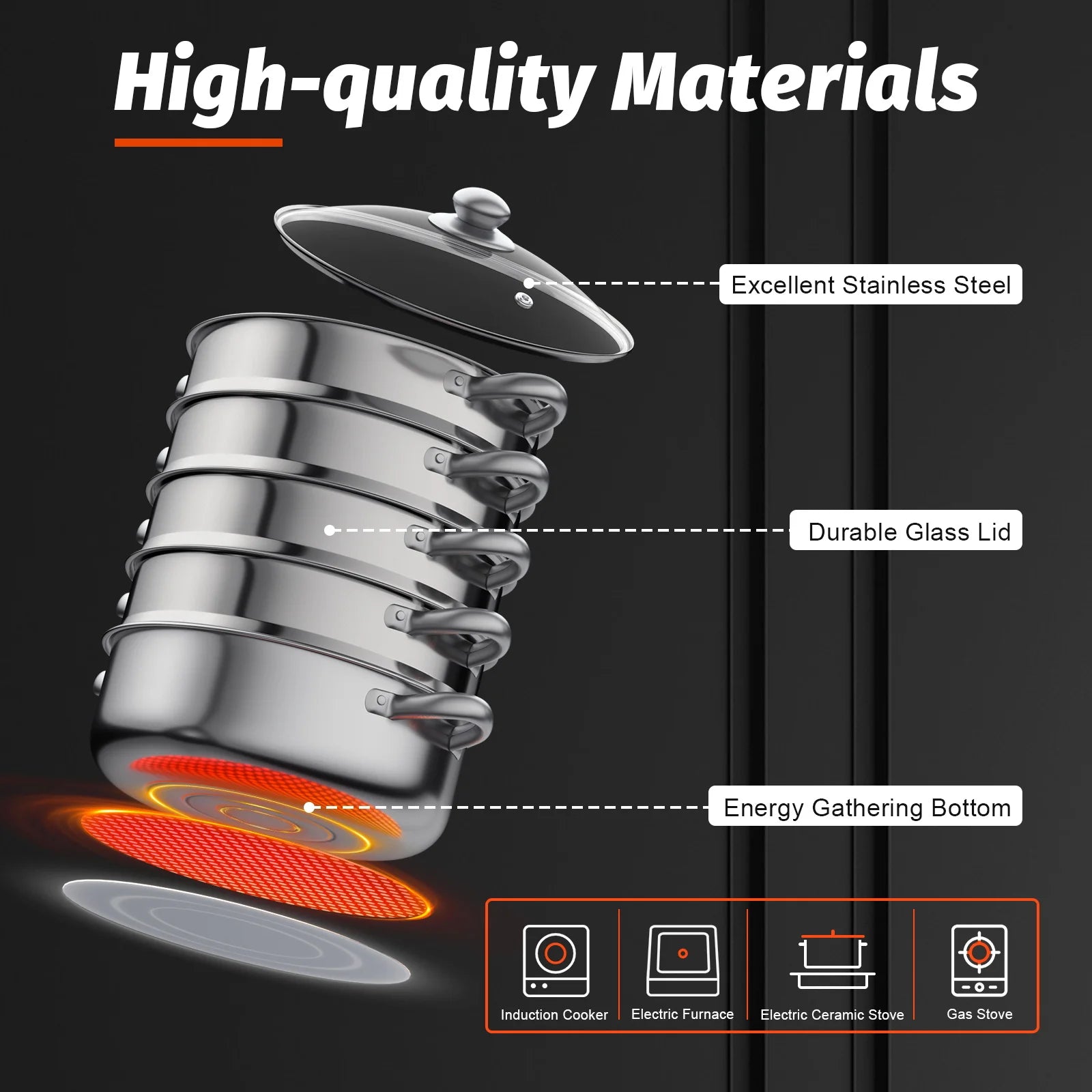 5-Layer Steamer 26cm/28cm/30cm Steam Cooker 304 Food-Grade Stainless Steel 4 Steaming Grids and 1 Cooking Pot W/ Glass Lid