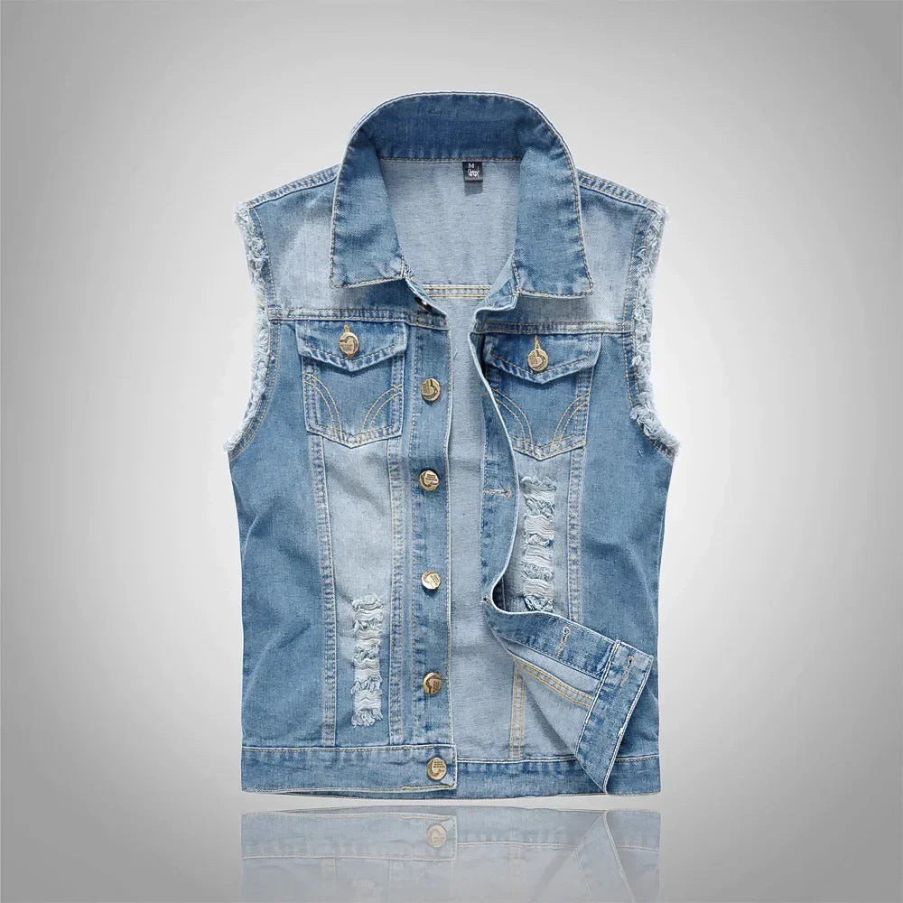 2025 Men's Fashion Jeans Sleeveless Jacket Vest Male Black Blue Denim Jeans Vest  Man Cowboy Outdoors Waistcoat Mens Jacket Vest