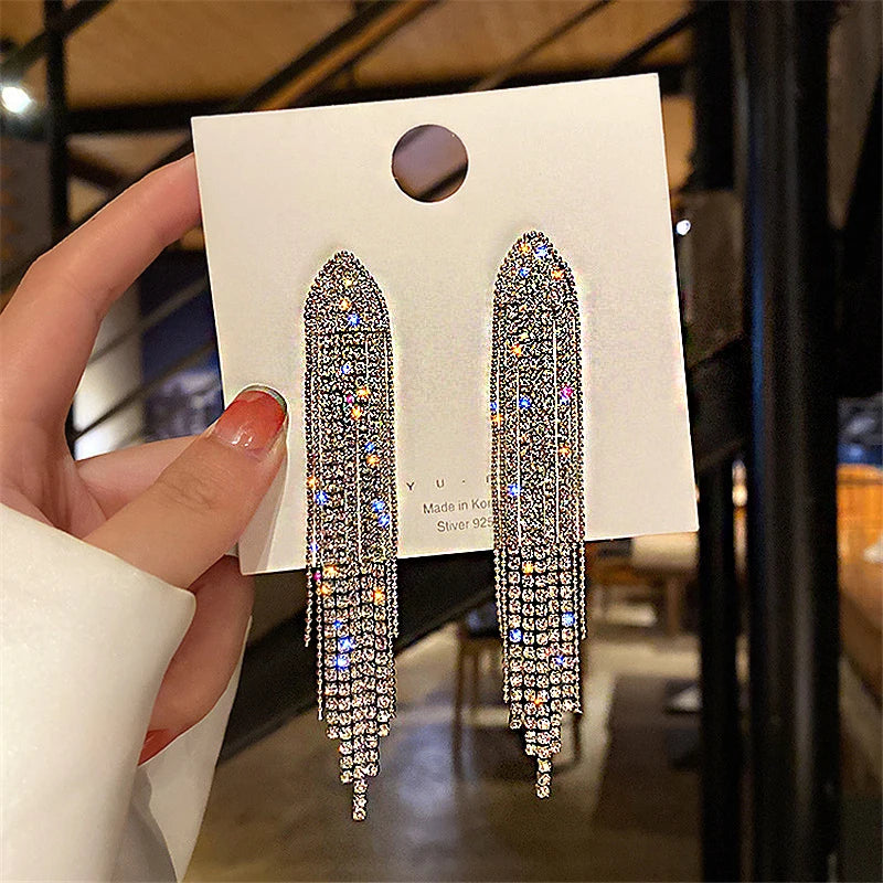 Shiny Crystal Zircon Long Stud Earrings for Women Geometric Hanging Drop Tassel Earring Fashion Party Vintage Pendant Jewelry