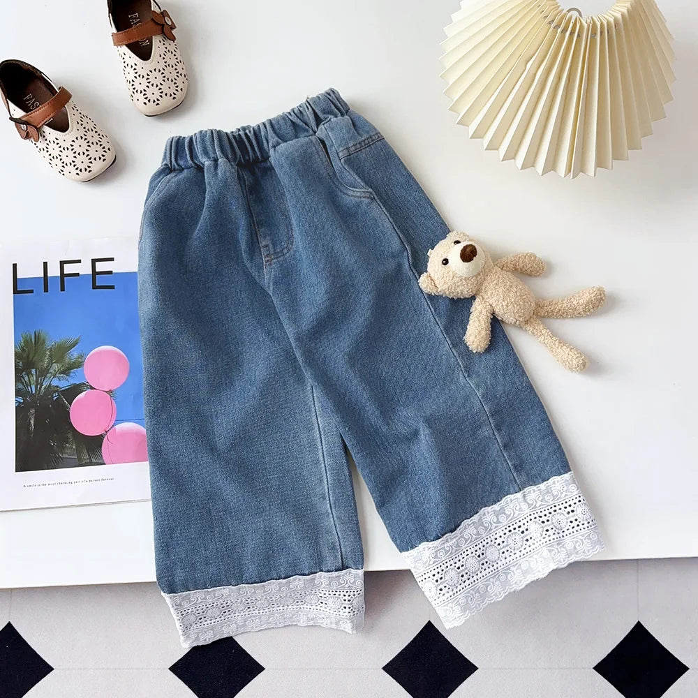 Bear Leader Summer New Blue Jeans 2-7-year-old Simple Kids Clothes Girls Korean Edition Fashion Lace Decoration Casual Pants