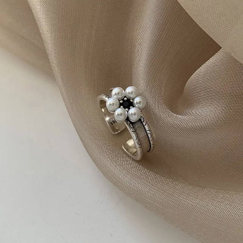 925 Sterling Silver Metal Flower Shell Geometric Rings For Women French Retro Romantic Open Thai