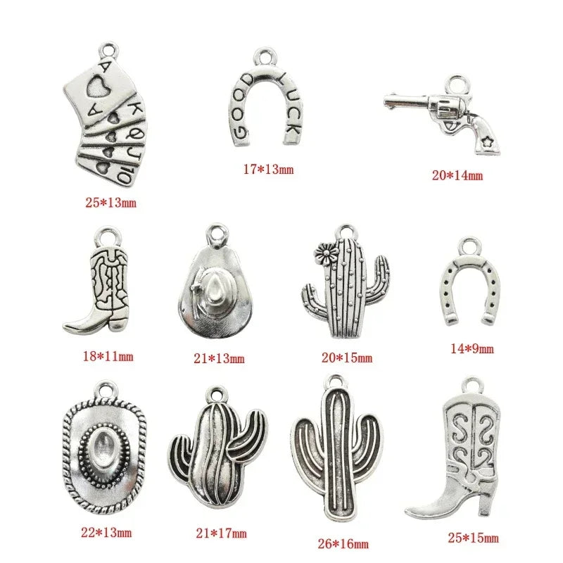11pcs Mixed Antique Silver Western Cowboy Charms Alloy Boot Gun Hat Pendants For DIY Bracelet Earrings Necklace Jewelry Making