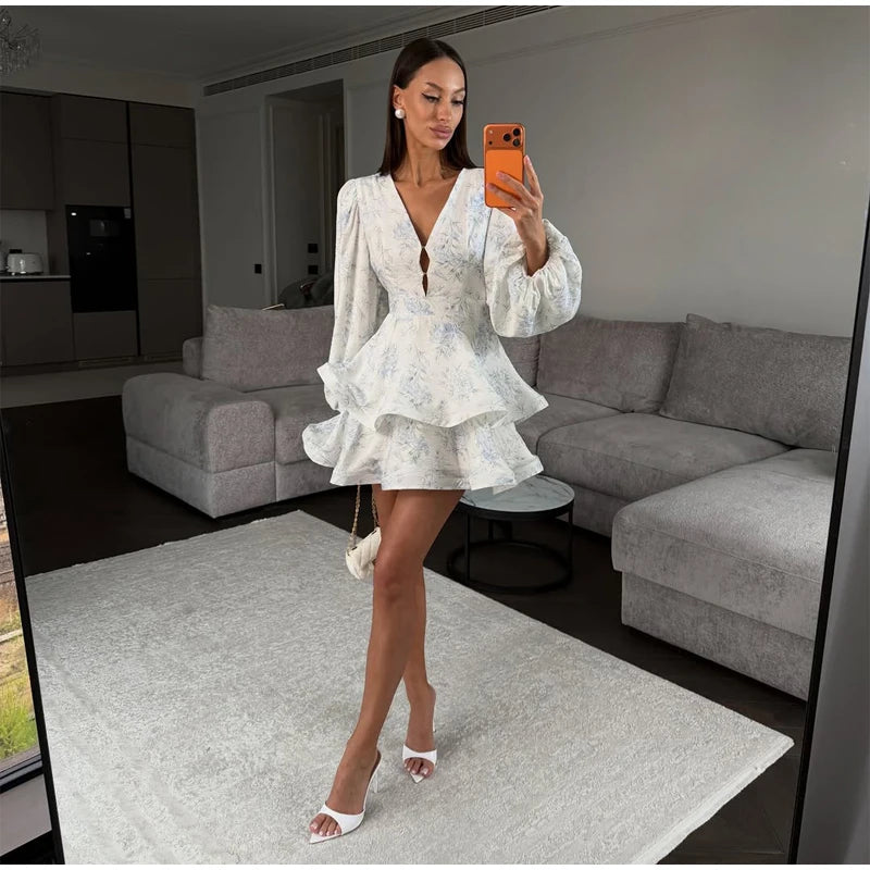 Fashion Organza Floral Printed Maxi Dress V-Neck Puff Sleeve 2026 Spring/Summer Romantic Women Party Gown Elegant Lady Vestido