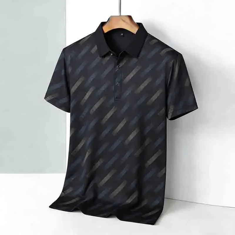 Men's Fashion Polo Shirt Short Sleeve Lapel Collar Diagonal Striped Print Casual Business Golf Tops