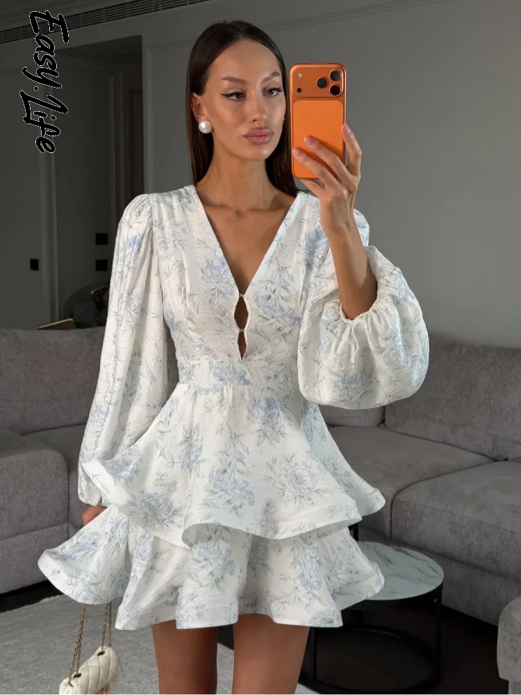 Women Floral Print Mini Dress V-neck Balloon Sleeve Keyhole Detail Tiered Ruffle Hem Dresses 2026 New Summer Holiday Party Gowns