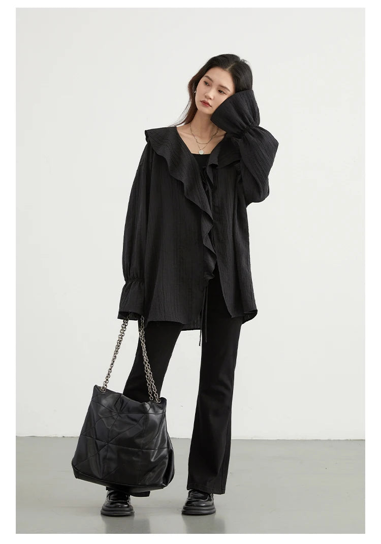 CHIC VEN Women Shirt Loose Casual Ruffled Edges Female Blouses V Neck Lace Up Mid Length Woman Shirts Spring Summer 2026