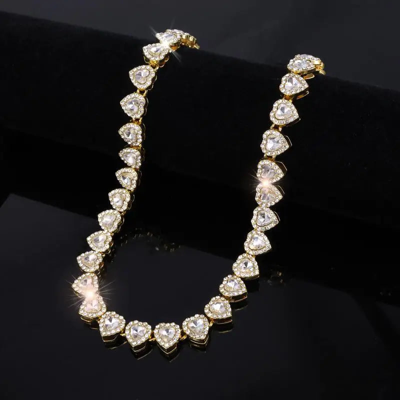 45CM New Hip Hop Tennis Chain Bracelet Necklace Shiny Heart Rhinestone CZ Fashion Rock Party Jewelry