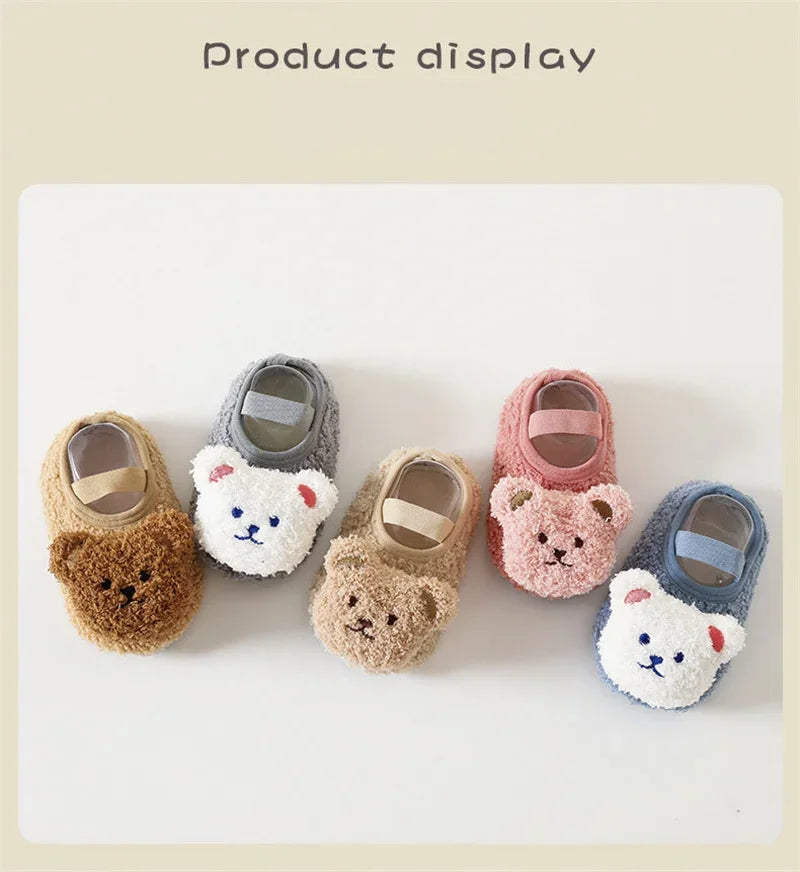 Cartoon Bear Baby Shoes Winter Thick Warm Newborn Shoes Non-slip Soled Soft Plush Toddler Kids Boy Girls Infant First Walkers