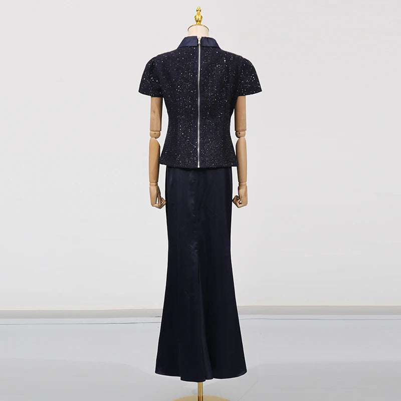 VGH Chic Two Piece Sets for Women Stand Collar Short Sleeves Spliced Pocket Tweed Top High Waist Maxi Skirts Vintage Suit Female