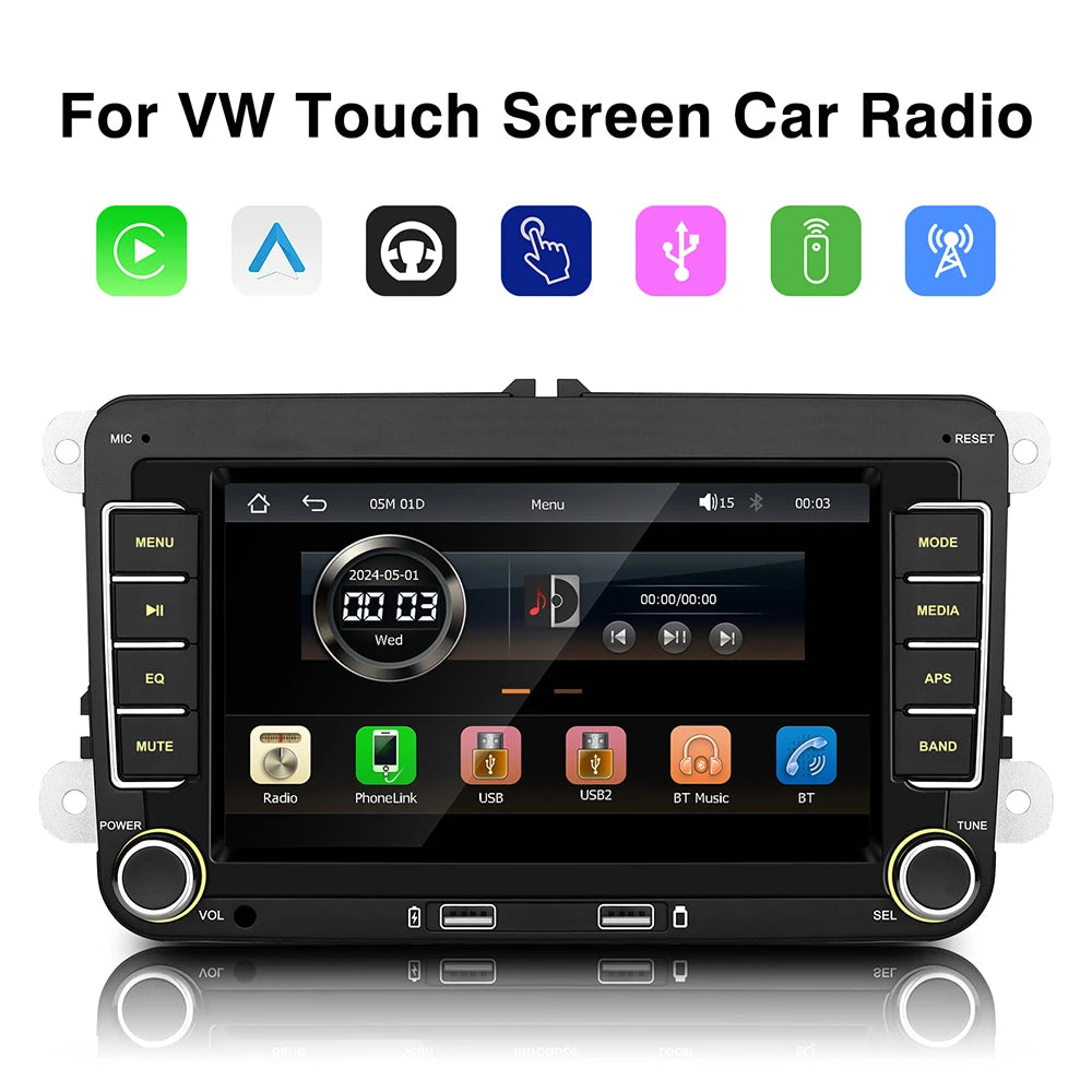 7 Inch Car Stereo For VW Touchcreen BT AM/FM Radio Receiver with Android Auto Carplay USB Charge Support Hands-Free Calling