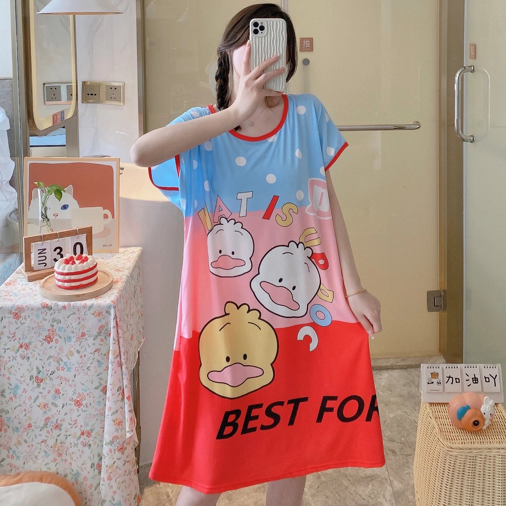 1PC, Summer And Autumn Cool Cute Girls Cartoon Nightdress, Comfortable Short-sleeved Dress, Women's Home Wear, Polyester Pajama