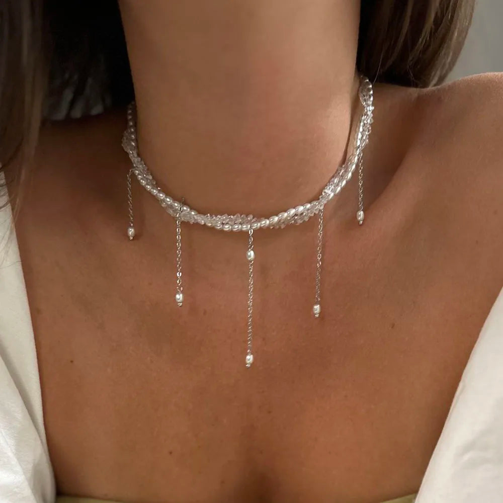 Fashion Tassel Chain Pendant Necklace For Women Boho Transparent Crystal & Imitation Pearl Chain Jewelry Valentine's Gift N0538
