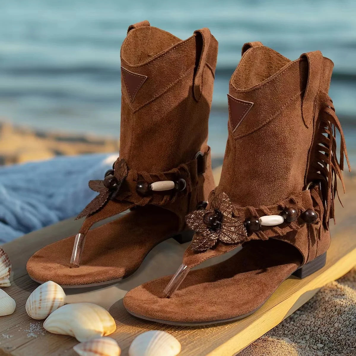 Womens Open Toe Boot Ethnic Style Tassels Rhinestone Vacation Beach Summer Flip Flops Lightweight soft Western cowgirl boots
