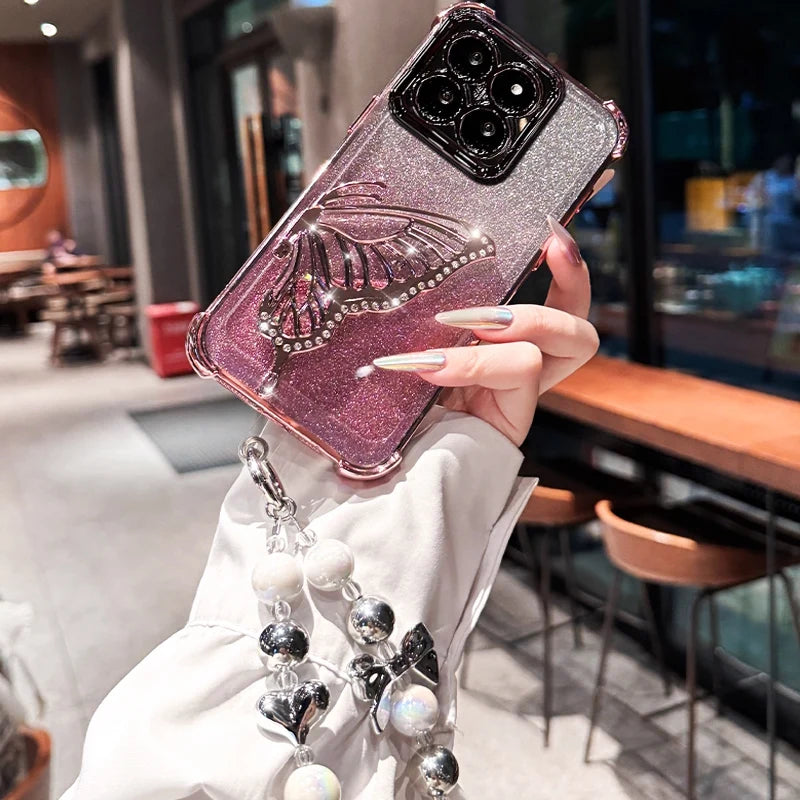 Shockproof Plating Glitter Butterfly Bracket Bracelet Case for Xiaomi 17 Pro Max Xiaomi17 13T 14T 15T Pro 15 Ultra Stand Cover
