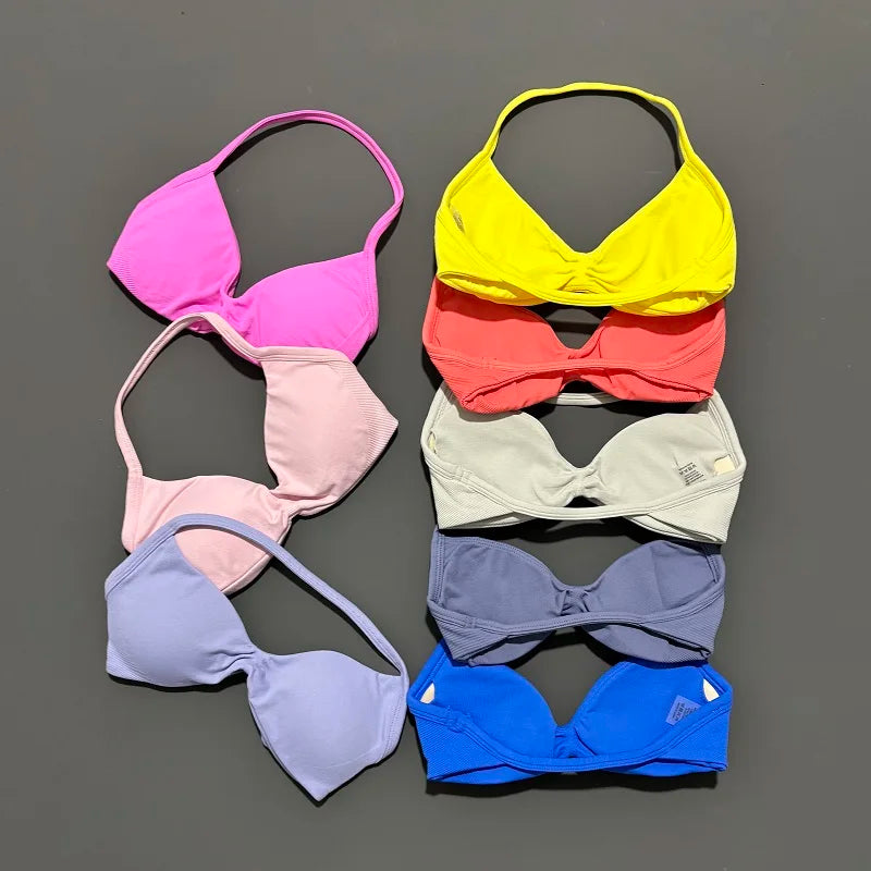 Sports Strappy Bra Yoga Underwear Women Gym Top Running Exercise Backless Bra High Support Active Wear Fitness Workout Halter