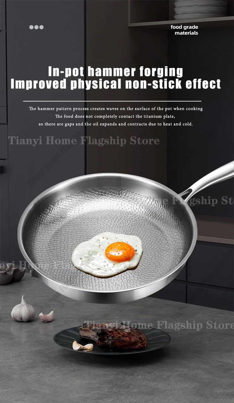 22/24/26/28/30cm Titanium Stainless Steel Frying Pan Non-stick Wok Home Egg Steak Skillet Induction Gas Stove Kitchen Cookware
