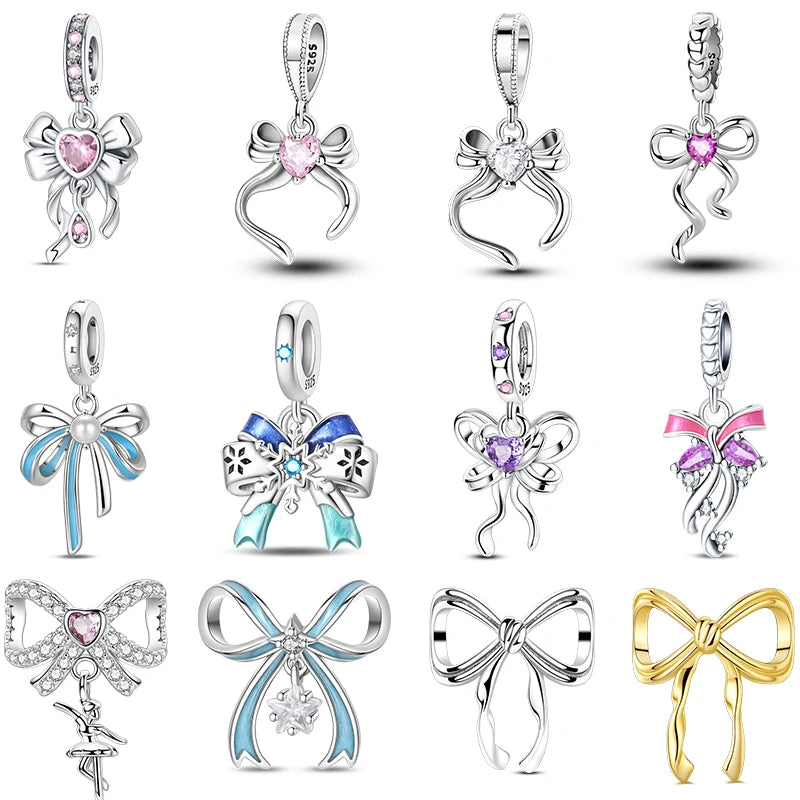 Silver Bow Charms 925 Sterling Silver Pink Heart-shaped Bow Pendants Charms Beads Fit Original S925 Bangle Bracelets DIY Jewelry