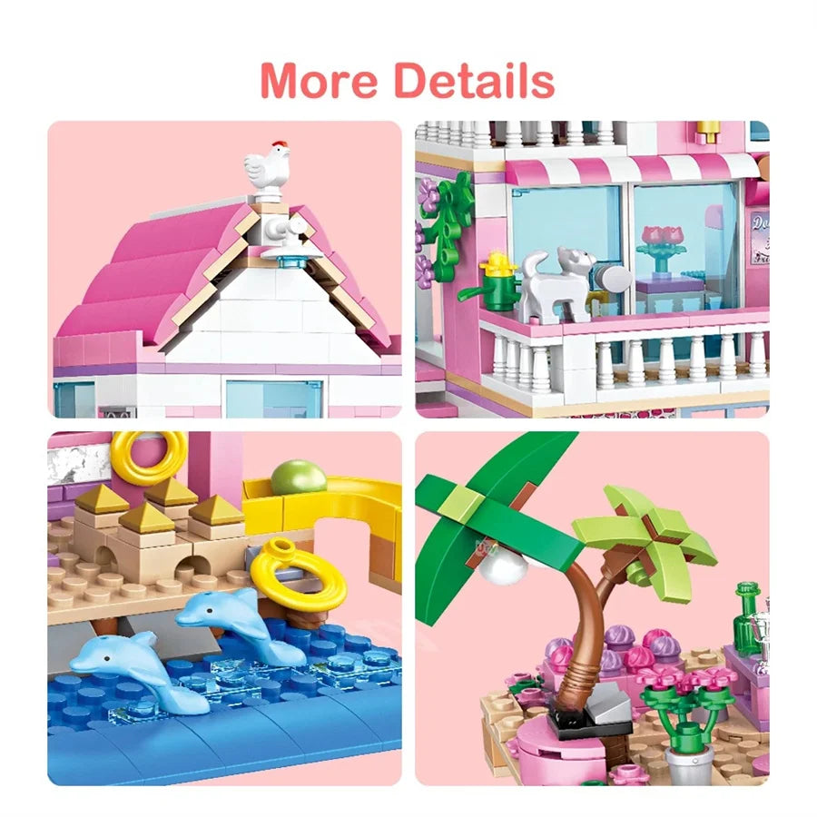 822Pcs Beach Villa Building Blocks Transformable House Model Creative Building Educational STEM Toys Birthday Gift For Girls